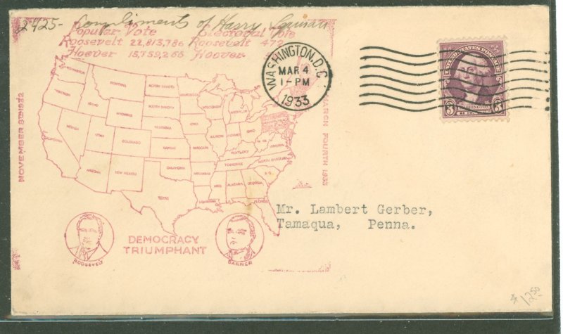 US 720 1933 Franklin D. Roosevelt first inauguration (3/4/1933) on an adddressed (typed) event cover with a Washington, DC machi