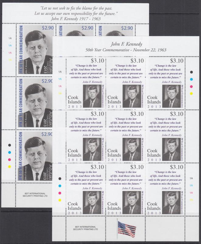 Cook Islands Sc 1476-1477, Aitutaki Sc 615-616 MNH. 2013 JFK Mini-Sheets