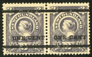 Newfoundland #75 Cat$170+, 1897 1c on 3c gray lilac, vertical pair, lightly h...