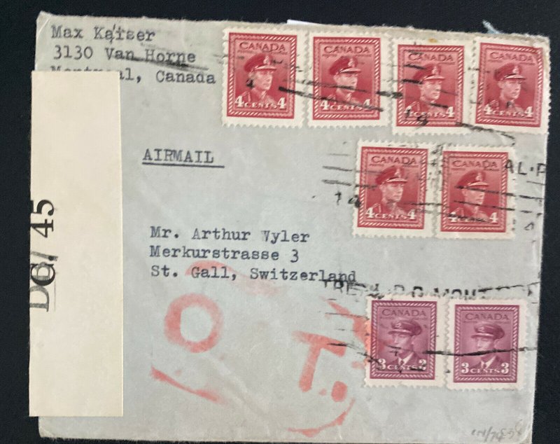 1940s Montreal Canada Censored Airmail  Cover To St Gall Switzerland Oat