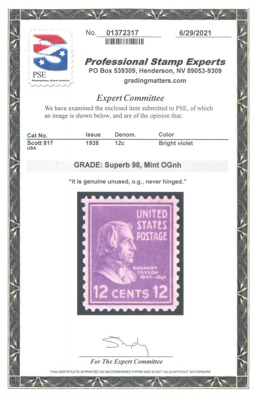 US Scott #817 Mint, Superb, NH, PSE (Graded 98)