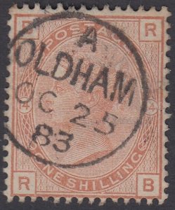 SG 163 1/- orange-brown plate 14. Very fine used with an Oldham CDS, Oct 25th...