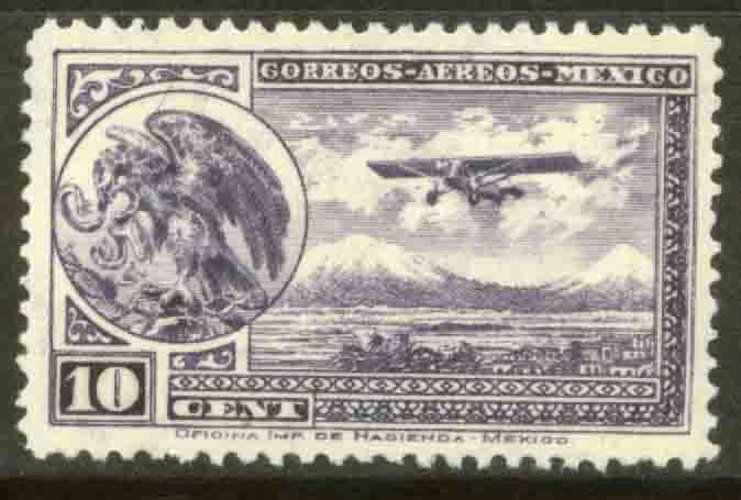 MEXICO C11, 10¢ EARLY AIR MAIL, COAT OF ARMS AND PLANE, SINGLE. MINT, NH. VF.