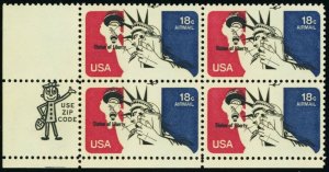 C87, 18¢ Statue of Liberty Color Shift ERROR Airmail Zip Block - Stuart Katz