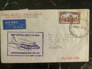 1951 Christchurch New Zealand First Flight Airmal Cover FFC Artarmon Australia