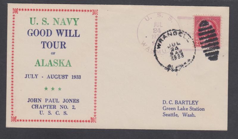 USS WASMUTH, 1933 JUNEAU / ALASKA cancel, USN Goodwill Tour Cachet