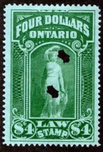 van Dam OL61, $4 green, Used, 1908, Ontario Law Stamp, Canada Revenue