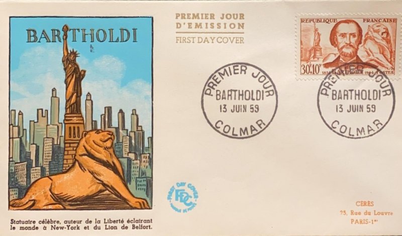 P) 1959 FRANCE, FDC, FAMOUS MEN OF BARTHOLDI STAMP, STATUE OF LIBERTY, XF