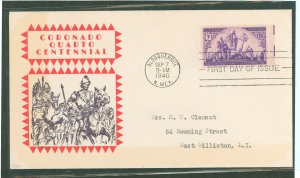 US 898 1940 3c Coronado Expedition Of Discovery / 400th Anniversary (single) on an addressed (typed) FDC with a cachet by an Unk