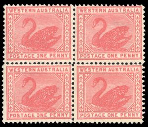 Western Australia #90 Cat$100+ (for hinged), 1905 1p rose, block of four, low...