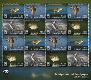 St. Vincent 2014 - WWF Sandpiper Bird, Animal, Nature - Sheet of 16 Stamps - MNH