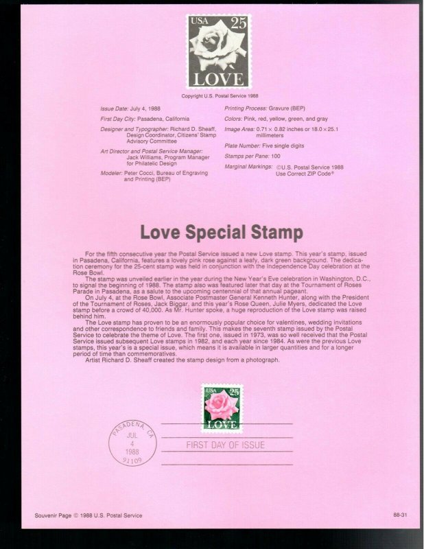 USPS Souvenir Page 88-31, Scott 2378, Love Special Rose 25 cent stamp