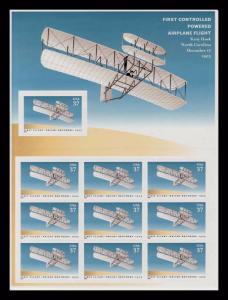  3783 First Controlled Powered Flight Sheet of 10 37¢ Stamps Wright Brothers 