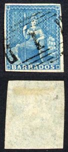 Barbados SG10 1855 1d Deep Blue on White Paper Four Margins Cat 60