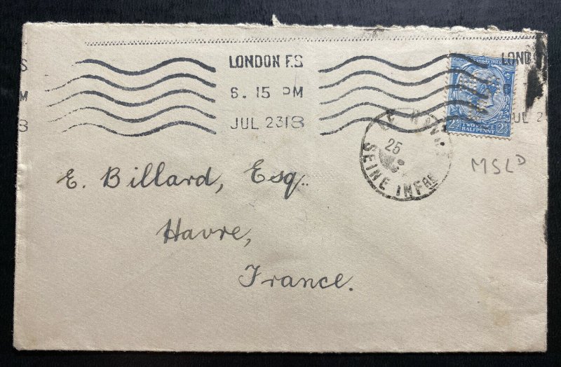 1918 London England Cover Perfin Stamp To Havre France