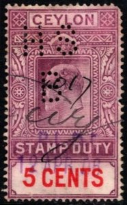 1905 Ceylon Revenue 5 Cents King Edward VII Stamp Duty Used Perfin HSB