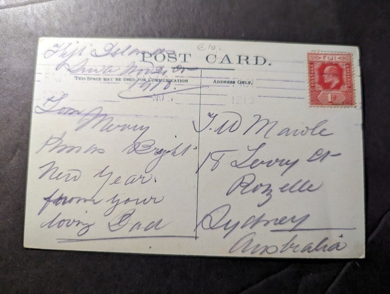 1910 British Fiji Postcard Cover to Sydney NSW Austria King Cakobau and Monument