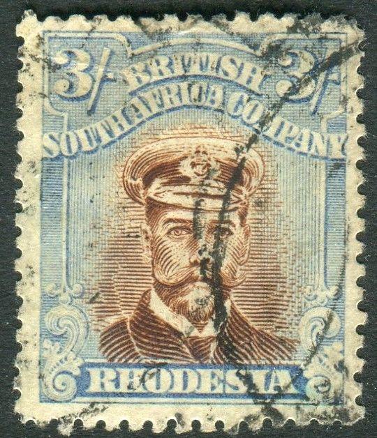 RHODESIA-1913-19 3/- Chestnut & Light Blue DIE II average used example Sg 274b