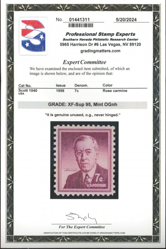 U.S. #1040 MINT OG NH PSE GRADED 95
