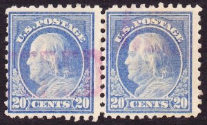 Scott 438, Used Pair, 20c Franklin P.10 SL Watermark, Light Violet REGISTERED Ca