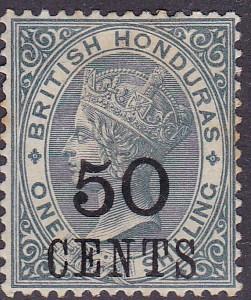 British Honduras 1888 Queen Victoria 1sh gray Surcharged 50 Cents. Fine/VF/Mint