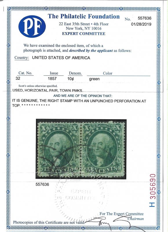 Scott #32 VF-used – Neat town cancel. 2019 PF cert for pair. Showpiece!