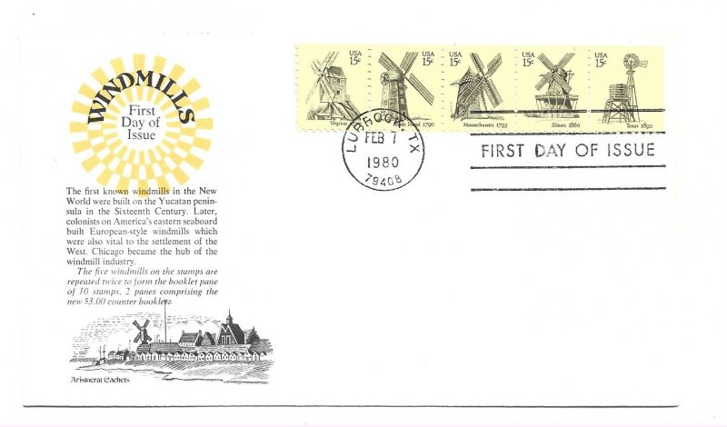 1738-42 Windmills, strip of 5,  Aristocrat Cachets FDC