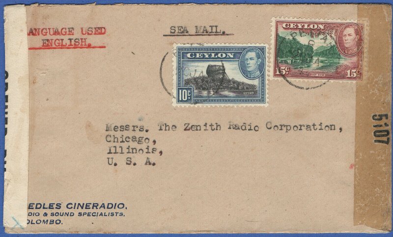 CEYLON 1944 WWII Scarce Dual Censored, PETTAH, Colombo > USA by Sea Mail