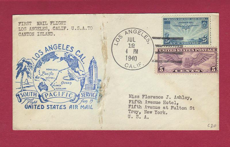 1940 FIRST FLIGHT, LOS ANGELES- CANTON ISLAND COVER, Boeing