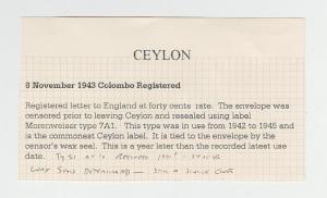 CEYLON TO UK 1943 CENSOR COVER, SCARCE LATE censor, 40c RATE(SEE BELOW