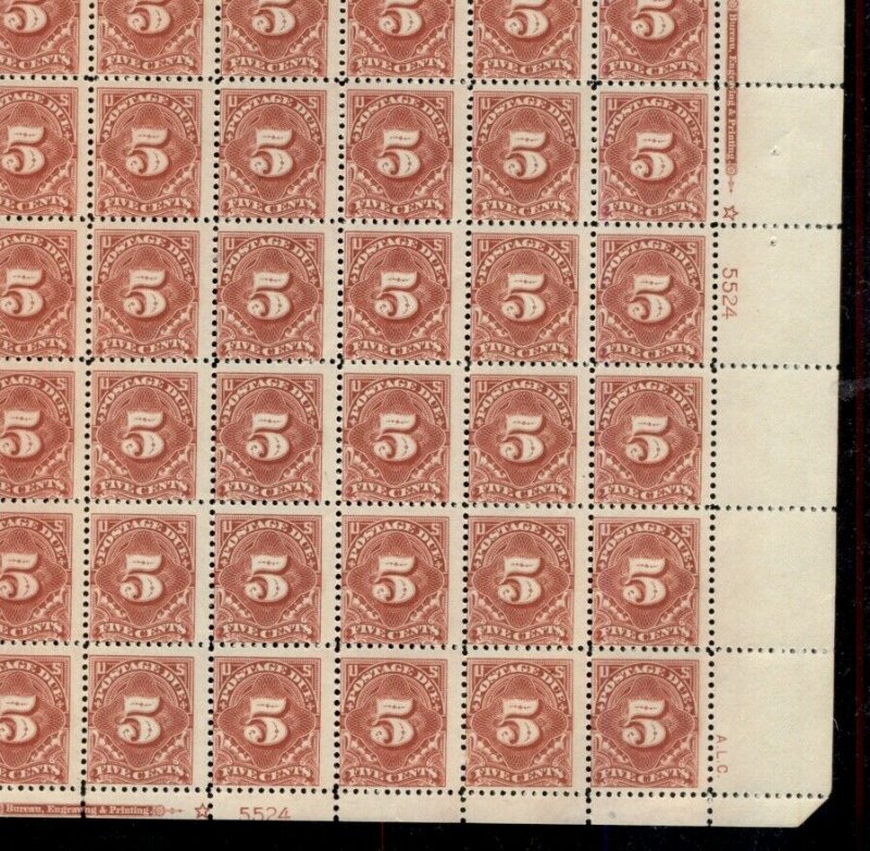 US #J64, 5¢ Postage Due, Complete sheet of 100, og, NH, Vf, scarce, Scott $3,410