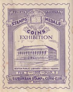 Great Stamp, Medals, Coins Exhibition, Boston USA Poster Stamp. 1935. 71x87mm. 