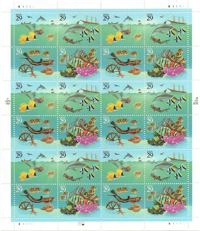 Wonders of the Sea Complete Sheet of Twenty 29 Cent Postage Stamps Scott 2863-66