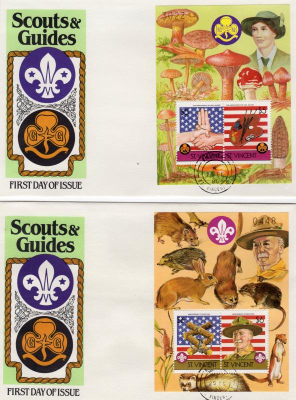 St.Vincent 1986 Sc#922/922A Scouts/Mushrooms/Rodents Decorative Border 2 S/S FDC