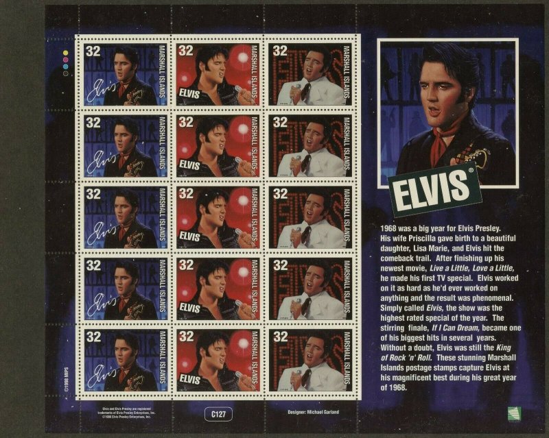 MARSHALL IS. Sc#652 1998 Elvis Presley Mini-Sheet of 5 Cpl Sets of 3 OG Mint NH