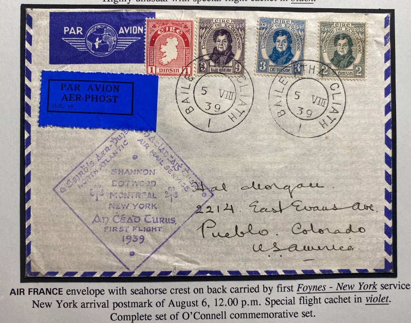 1939 Dublin Ireland First Imperial Airways Service Cover To Pueblo CO USA