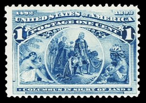 Scott 230 1893 1c Deep Blue Columbian Issue Mint F-VF OG NH Cat $32.50