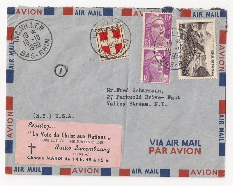 1950 FRANCE cover with RADIO LUXEMBOURG label. Attractive. VF.