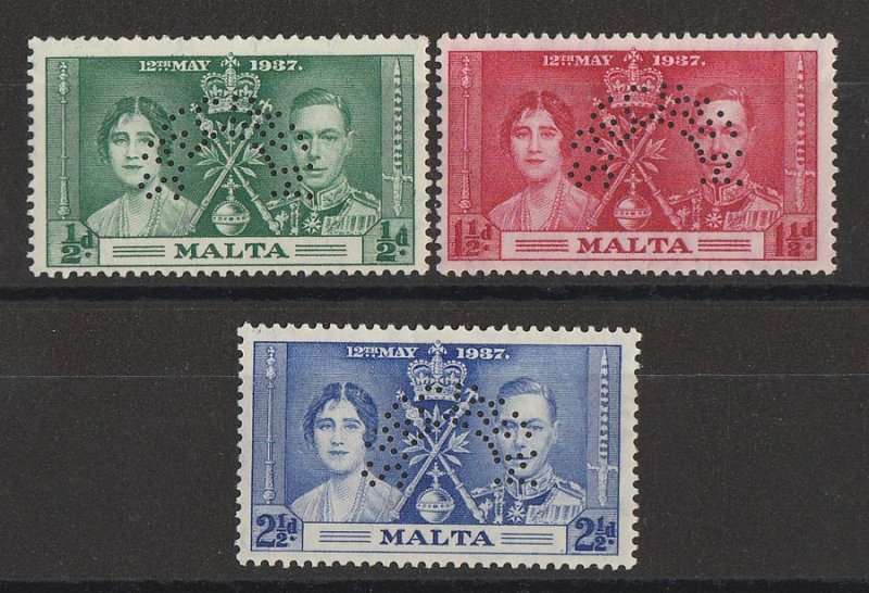 MALTA : 1937 KGVI Coronation set ½d-2½d, perf SPECIMEN. MNH **. 