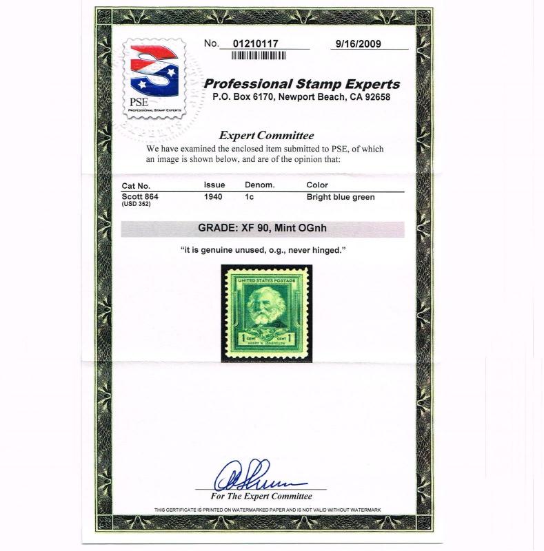 GENUINE SCOTT #864 XF MINT PRISTINE OG NH PSE GRADED CERT HENRY W LONGFELLOW