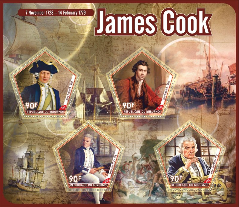 Stamps. Ships,  James Cook 2019 year 1+1 sheets perforated