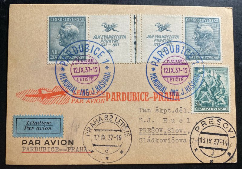 1937 Pardubice Czechoslovakia First flight Postcard Cover FFC To Prague