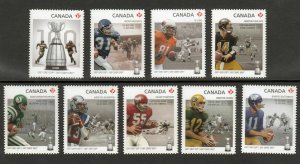 DIE CUT = CFL GREY CUP = Set of 9 Booklet stamps MNH Canada 2012 #2568i-2576i