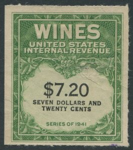 RE160   $7.20 Internal Revenue: Wines Series of 1941 Unused