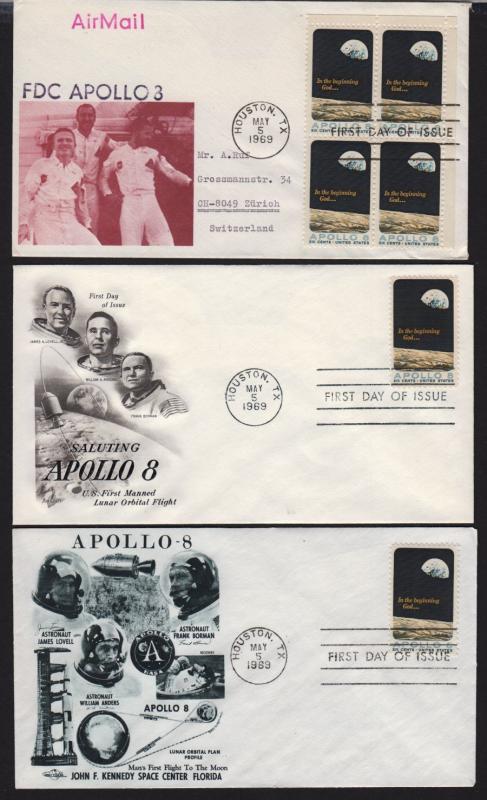 1969 Sc 1371 FDCs Apollo 8 lot of 3 different