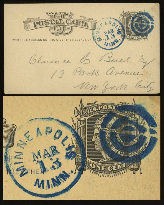 1877 Minneapolis BLUE BULLS EYE Cancel on UX5 Postal Card