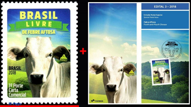 3375 BRAZIL 2018 FOOTH-AND-MOUTH DISEASE, VACCINATION NELLORE OX, MNH + BROCHURE
