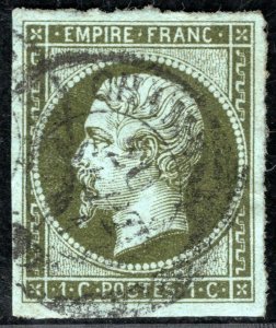 FRANCE Classic Scott.12a 1c Bronze Green NAPOLEON Used 1861 CDS c$67++ PURPLE128