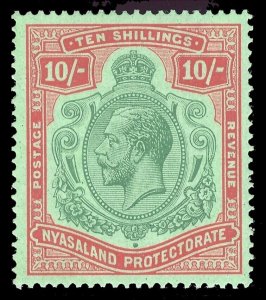 Nyasaland 1921 KGV 10s green & red/pale emerald MLH. SG 113. Sc 37.