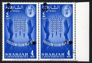 Sharjah 1963 SG41var 40np on 4np in horiz pair OVPT INVERTED UM